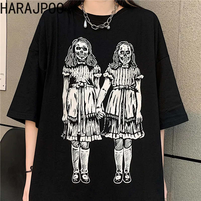 

Женские футболки Harajpoo, Новинка лета 2021, Корейская версия, черные свободные блузки с коротким рукавом и мультипликационным принтом для пар, ...