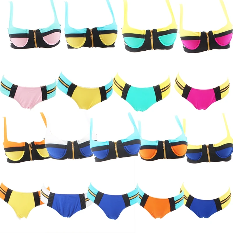 

Most Popular Hot Sales Patchwork With Zipper Women's Bikini Underwire Push Up Cup Bandage Swimwear DK001