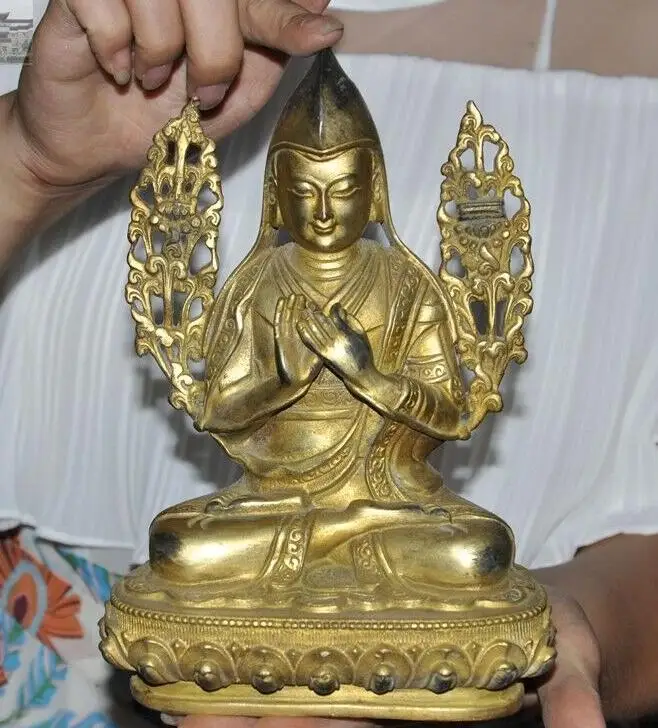 8 &quotСтарый тибетский буддизм бронзовый 24K Gold свинка цонкапы шаманства статуя