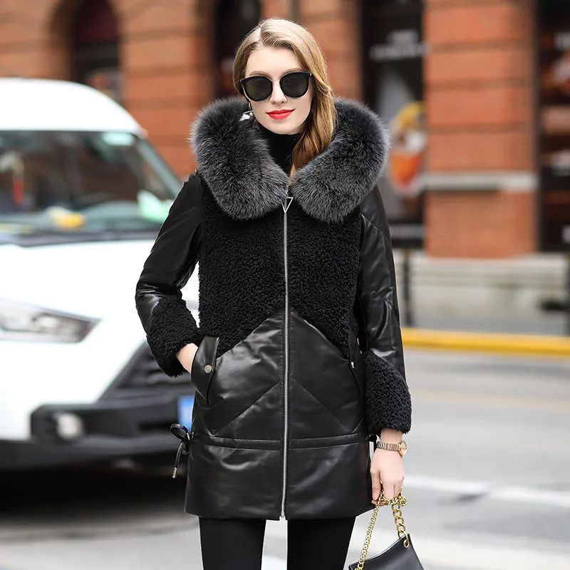 Женский пуховик из натуральной кожи зимняя кашемировая кожаная куртка овечьей с
