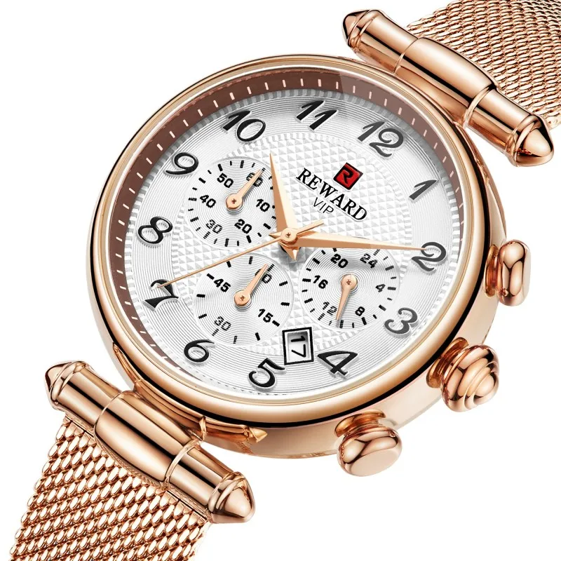 

Retro women watches Waterproof Quartz three-eye movement gold girl Sports watch stainless steel mesh belt women clock RD63069L