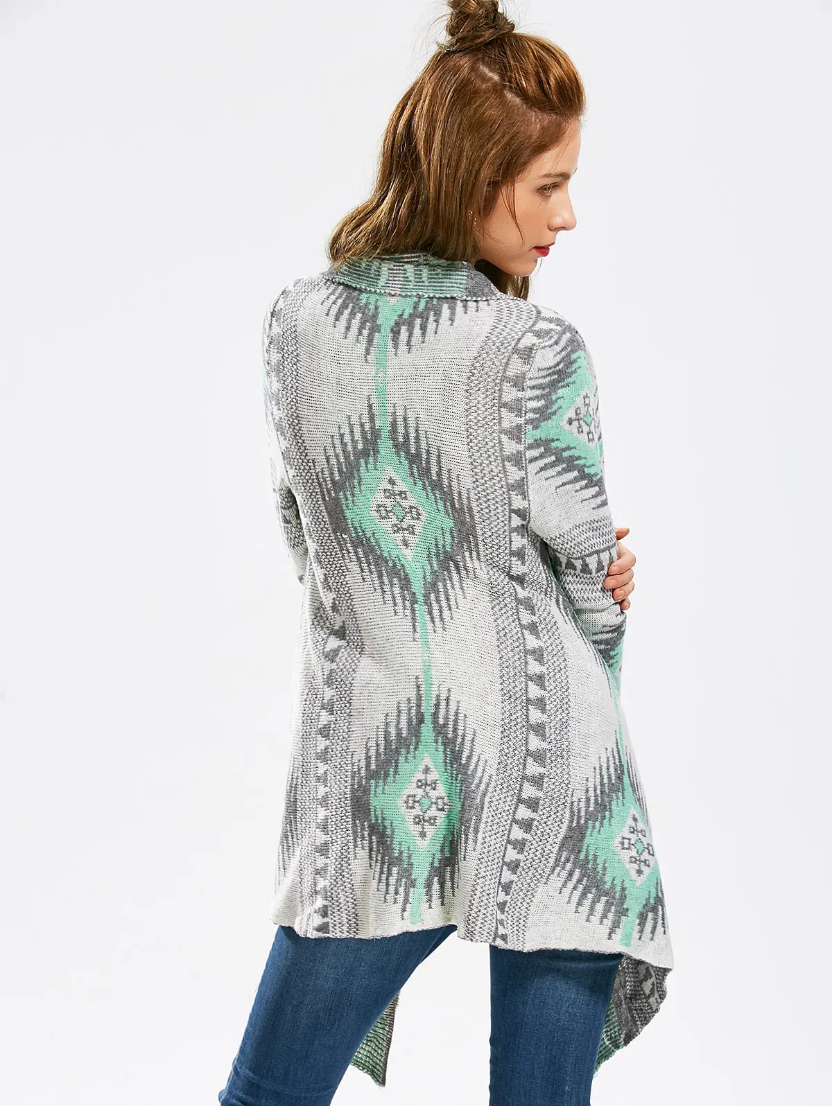 Women Cardigans Geometric Printed Long Sleeve Asymmetric Cardigan Sweater Female Clothes Ladies Tops Knit Outwear |