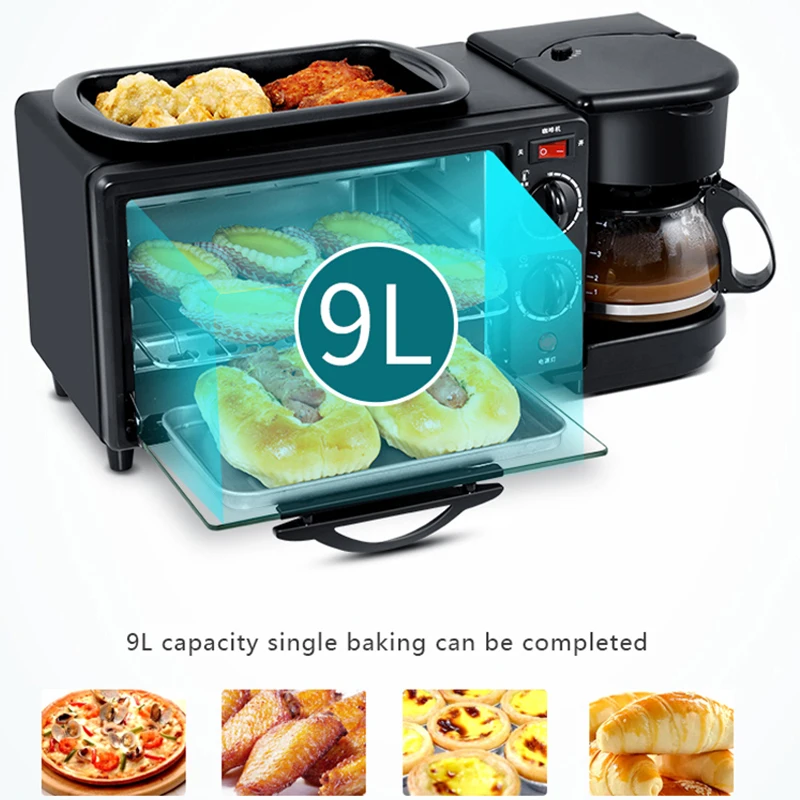 3 In 1 Electric Breakfast Machine Multifunction Coffee Maker Frying Pan Mini Oven Household Bread Pizza Oven Frying Pan