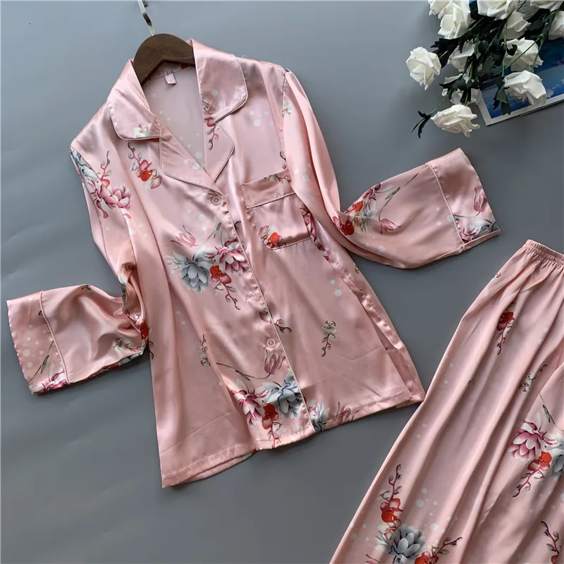 Женские атласные пижамы с цветочным принтом пижамные комплекты длинным рукавом