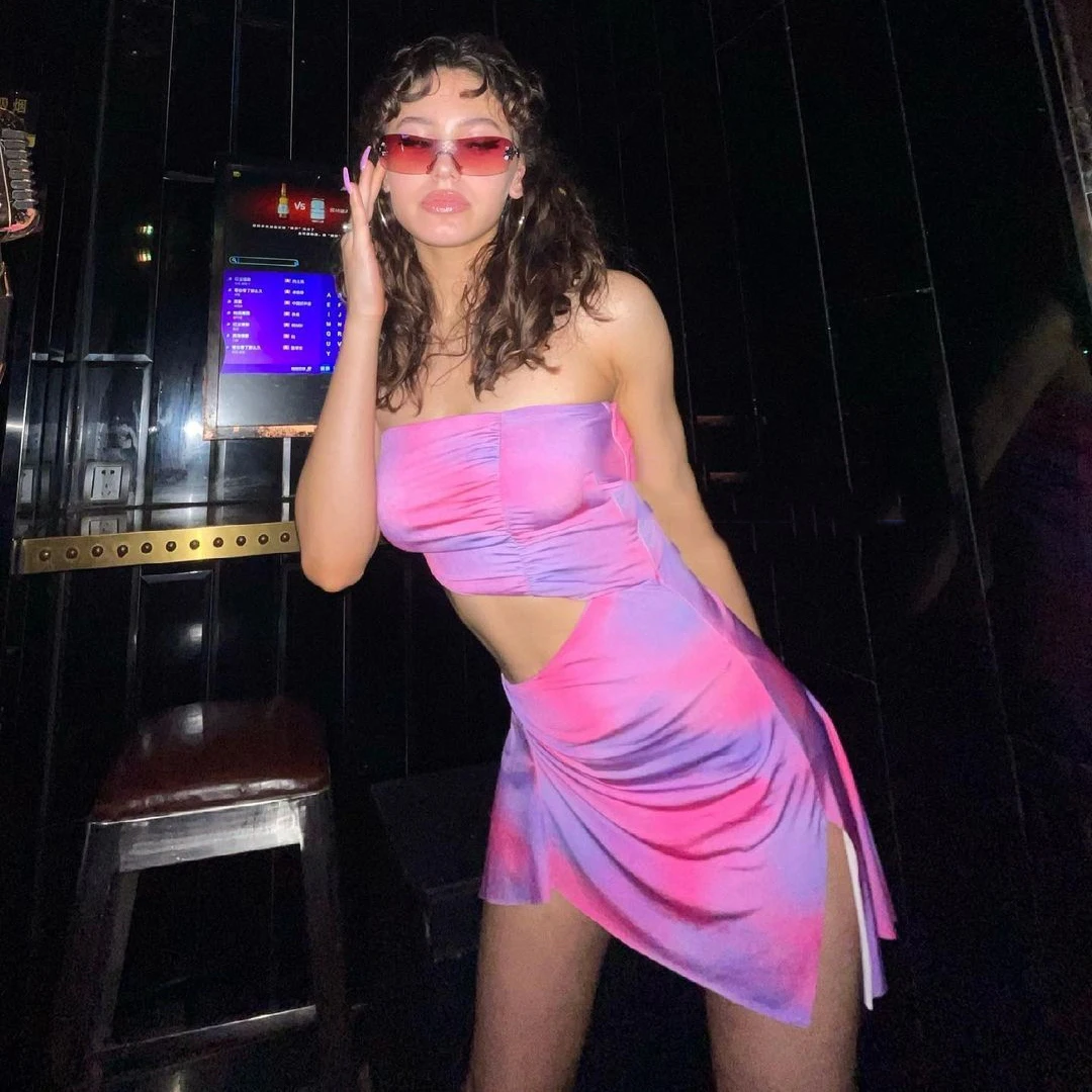 

Irregular cut body chain hollow dress tie-dye printing new sexy nightclub girl