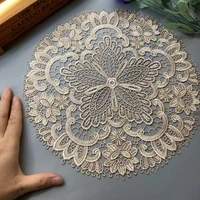 2 pcs gold embroidered flower round shape mesh lace applique trims for covers curtain home textiles sewing strip ribbon fabric