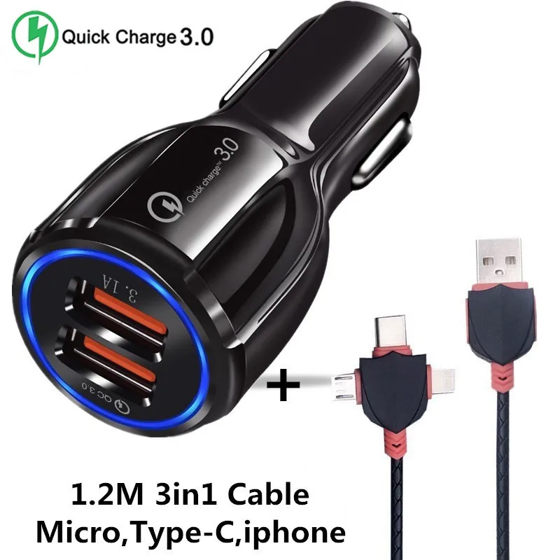 Black 2USB and Cable Хорошее автомобильное микро USB зарядное устройство 3,0, быстрая зарядка, зарядное устройство для мобильного телефона, 2, 3 порта, USB быстрое автомобильное зарядное устройство для iphone, ios, Android - Тип штекера: Black 2USB and Cable