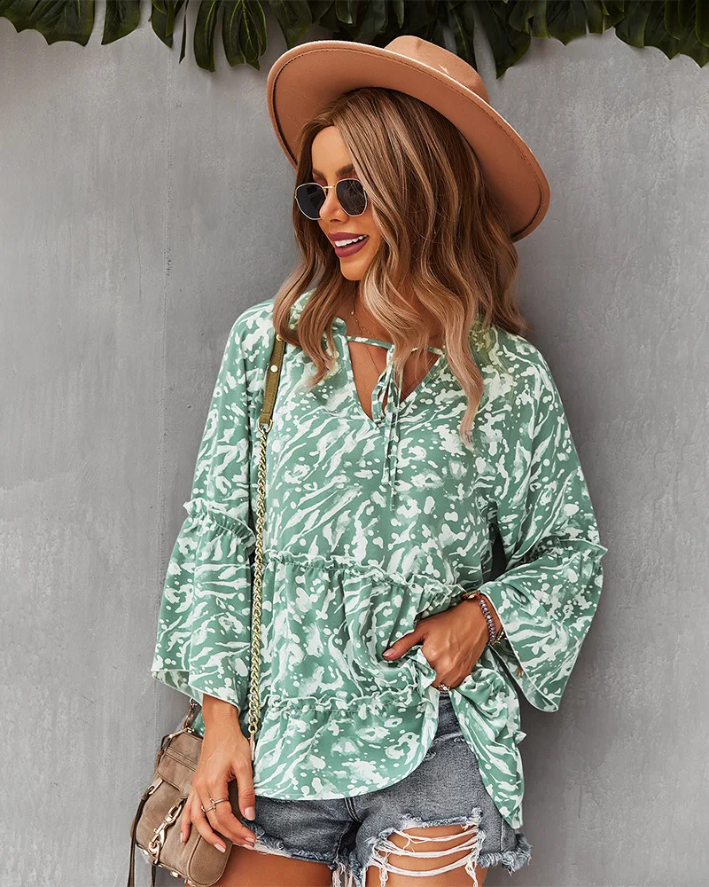 

Loose-Fitting Floral Print Top Femme Casual Fashion Flared Long Sleeve Chiffon Shirt Newest Sexy V-Neck Ruffles Woman Blouses
