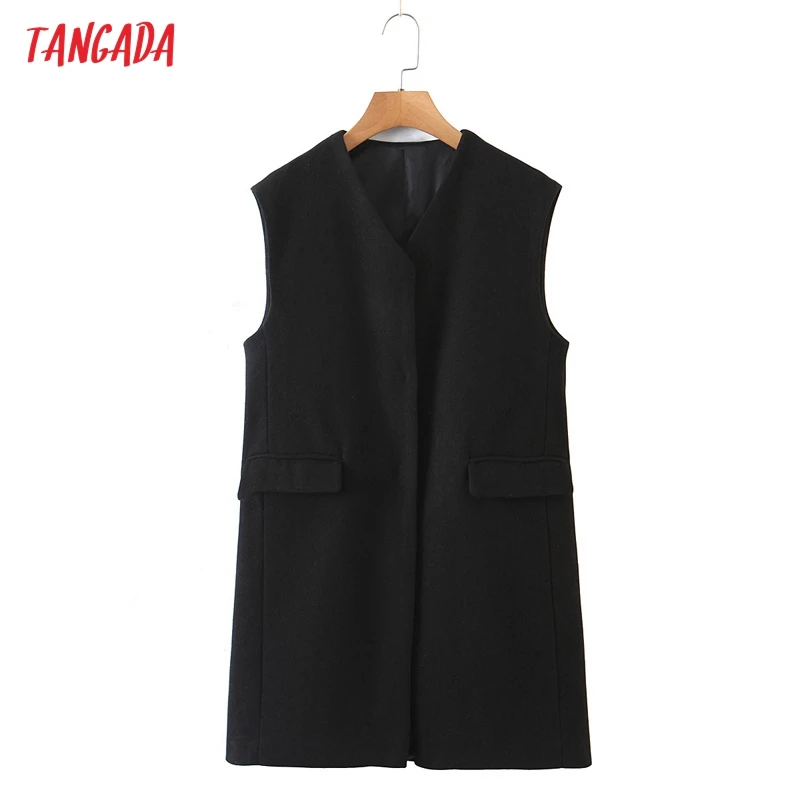 

Tangada Woman Black Woolen Long Vest Coat Office Ladies Waistcoat Sleeveless Blazer Elegant Top 8H202