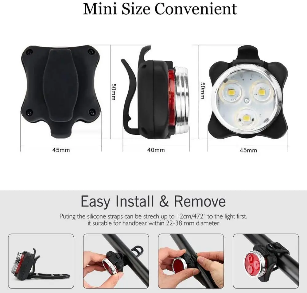 

USB Rechargeable Bike Light Set Super Bright Front Headlight and Rear LED Bicycle Light 650mah Lithium Battery 4 Light Mode