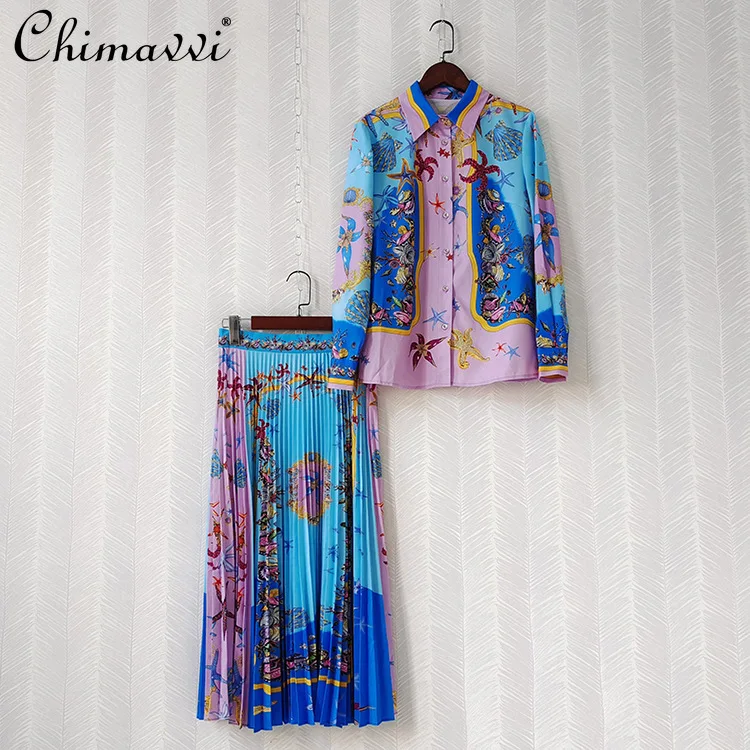 

2021 Autumn New Lapel Printed Long-Sleeved Shirt Ladies Fashion Pleated Large Swing Mid-Length Dress Women's Two-piece Outfits