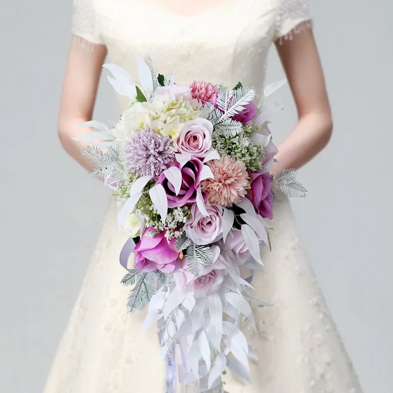 

Свадебный букет невесты розовые Фиолетовые Капли водопад элегантный букет Искусственные цветы для невесты 2020