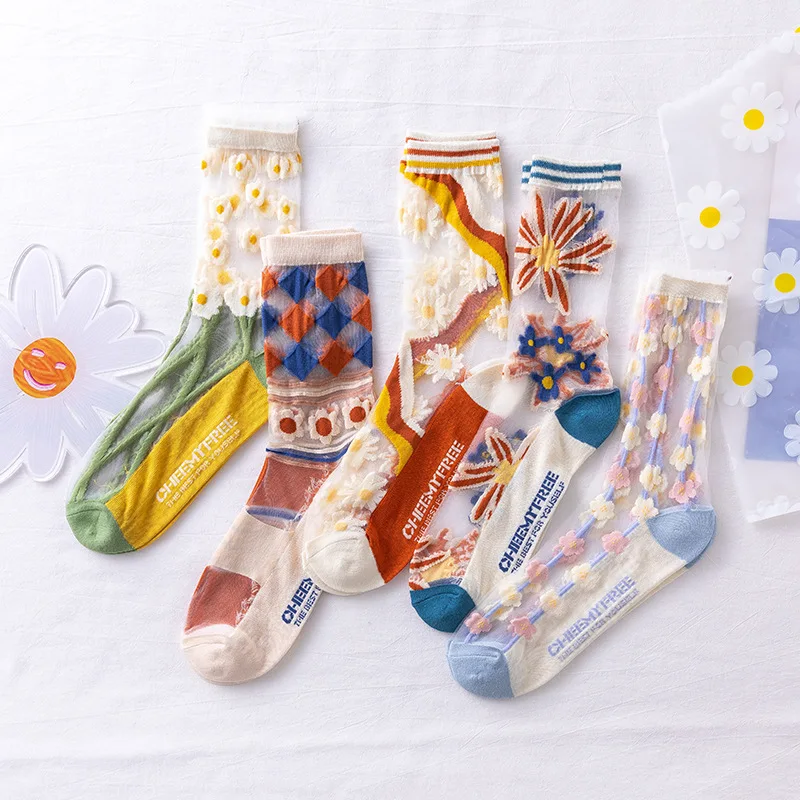 

LUCKY ZONE 5 Pairs/Lot Socks Women's Tube Socks Summer Ladies High Tube Lace Mesh Breathable Glass Silk Socks Crystal Socks XCY
