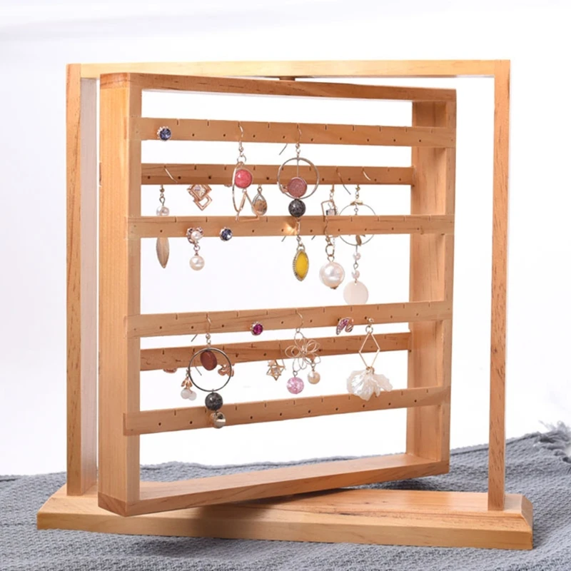 

X7AB Wood Earring Stand Display Rack 6-Tier Ear Stud Holder 360 Rotating Jewelry Organizer for Hanging Earrings Necklaces Women