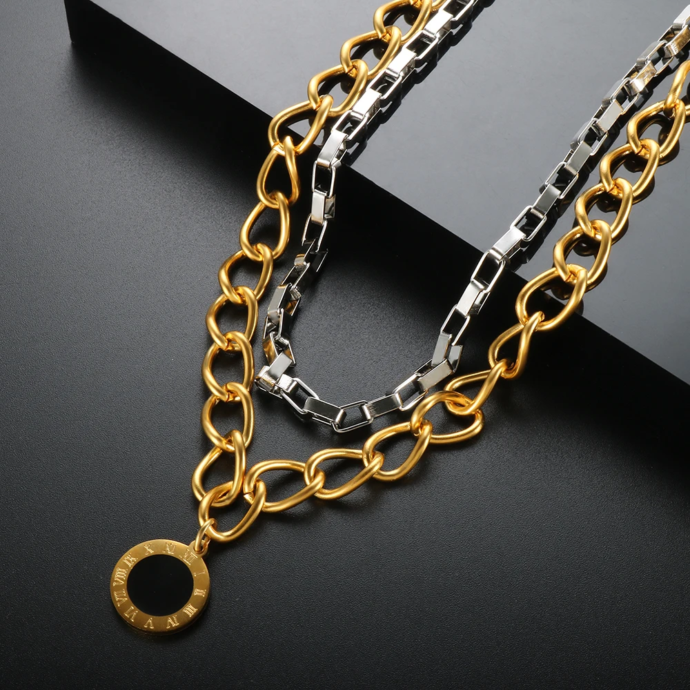 

ZMFashion Cuban Link Chain Choker Necklaces For Women Men Vintage Punk Roman Numeral Stainless Steel Clavicle Choker Jewelry