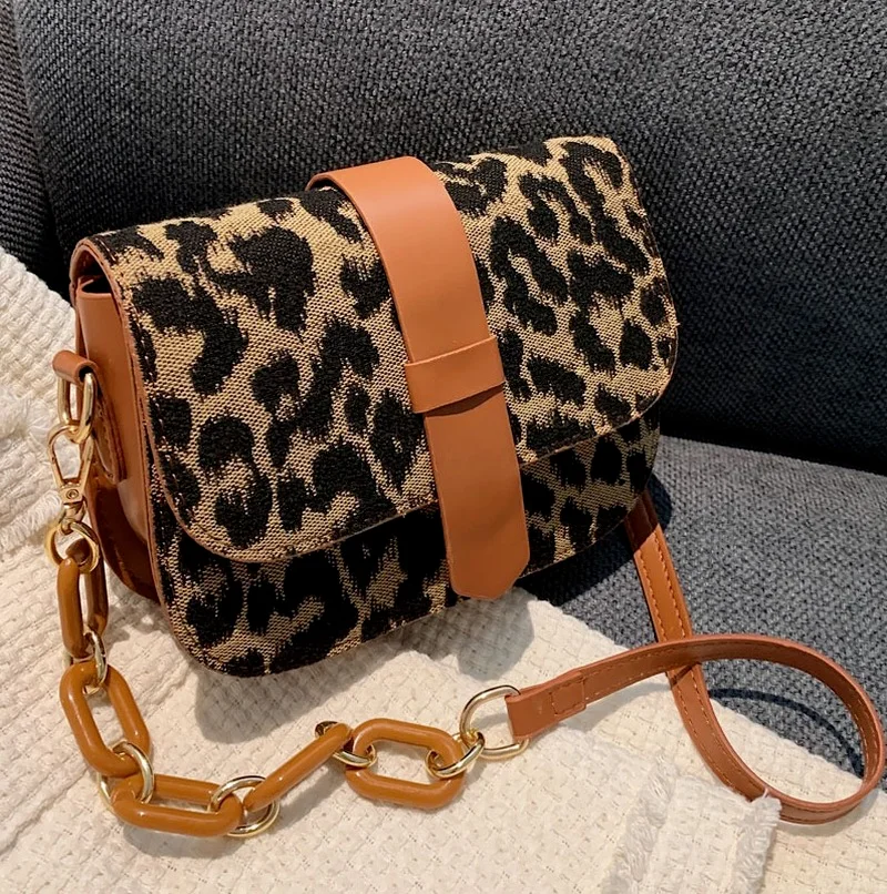 

High Quality Luxury Ladies ShoulderBag2021New Trendy Autumn Leopard Print Chain Shoulder Handbag Cross-body All-match Saddle Bag