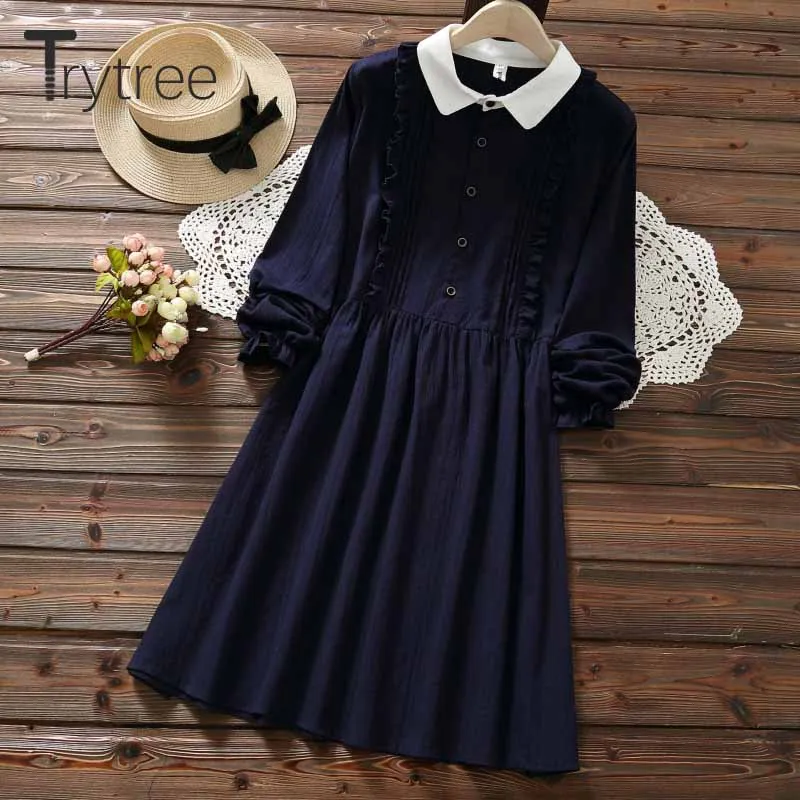 Trytree/осеннее женское платье повседневное однотонное с отложным воротником