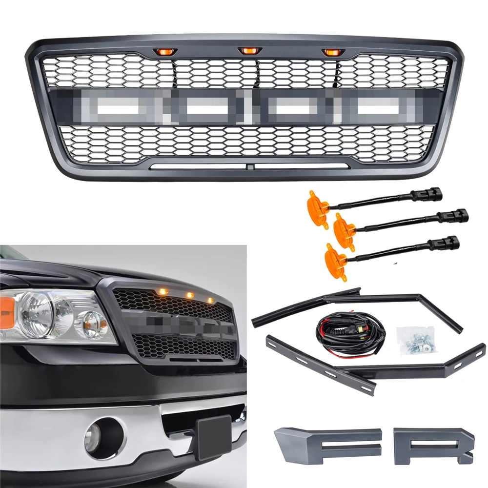 For 2004-2008 Ford F150 Raptor Style Black ABS Front Hood Grille Conversion with Amber LED Lights and Letters images - 6