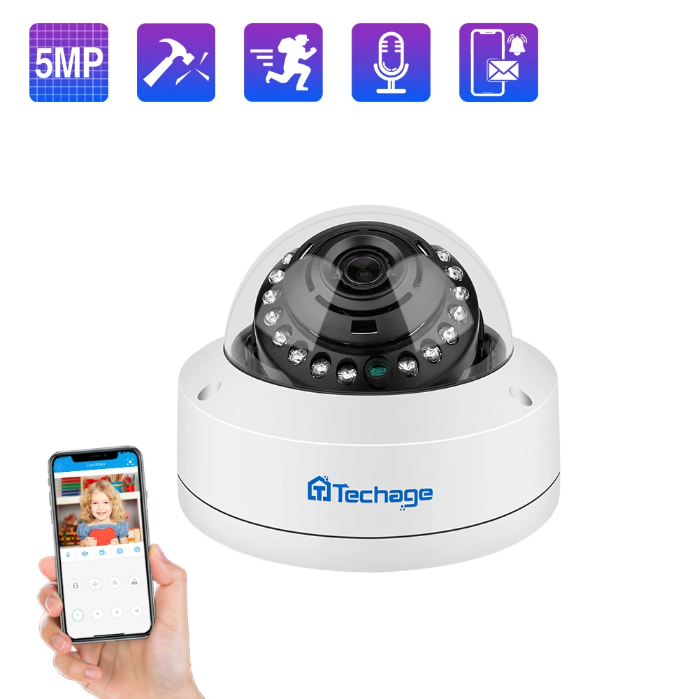 Камера видеонаблюдения Techage антивандальная водонепроницаемая купольная камера