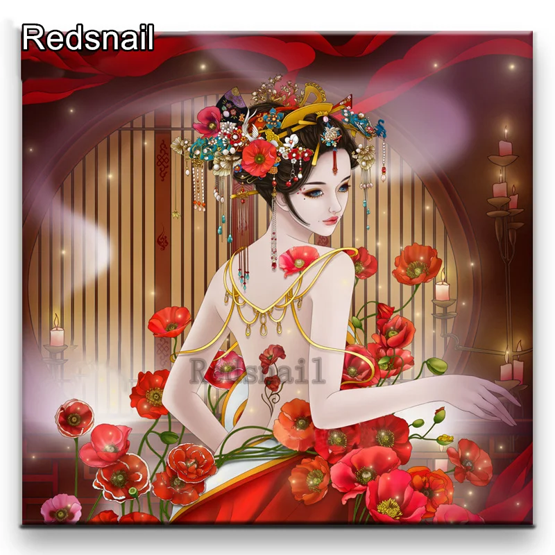 Алмазная живопись Стразы своими руками японская гейша женщина квадратная