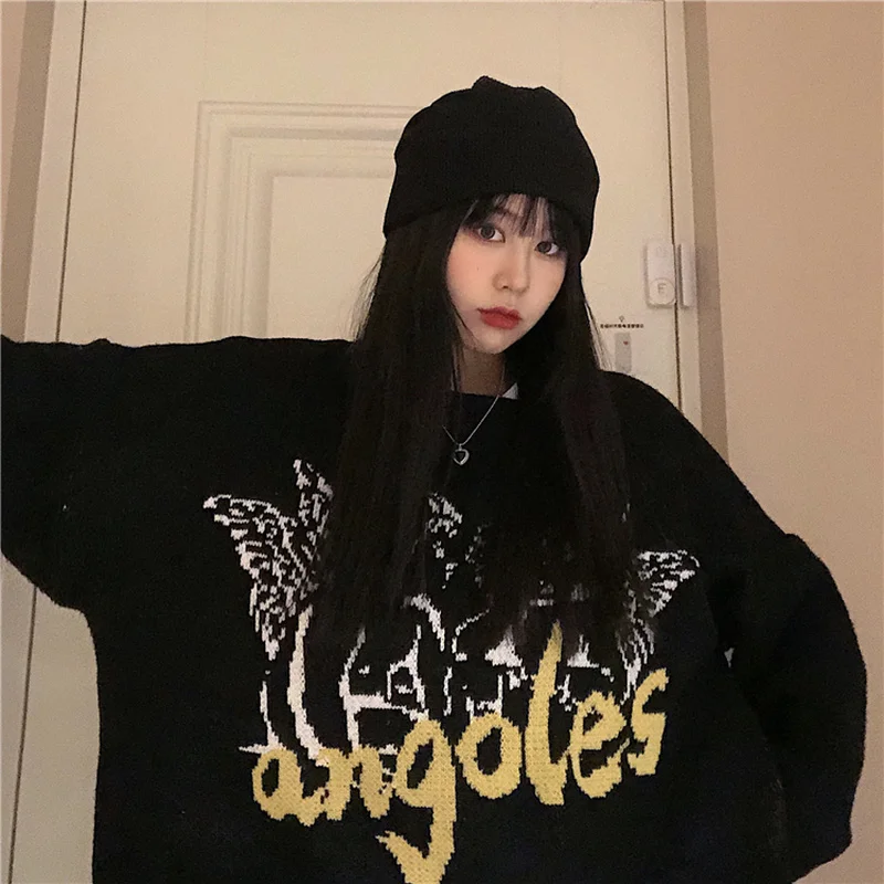 Woherb Stylish Vintage Sweater Jumpers for Women Harajuku Streetwear 2022 Autumn Winter Angel Print Female Knitted Pullovers | Женская