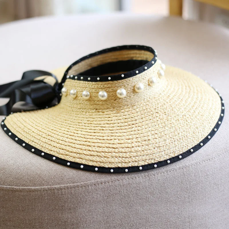 

Summer Elegant Pearl Natural Raffia Hat Ladies Handmade Retro Wide Brim Visor Straw Hat Women Sun Protection Empty Top Sun Hat