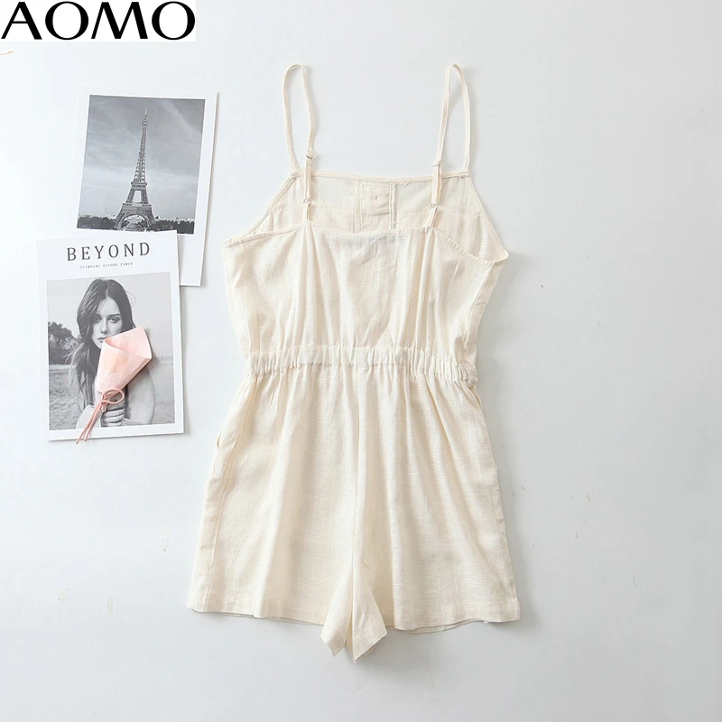 

AOMO 2020 Fashion Women cotton linen beige playsuit for summer 2020 vintage female beach playsuit QB140A