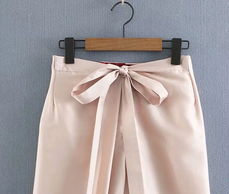 

length split casual female chic trousers mujer women elegant bow tie sashes wide leg pants zippper fly ankle