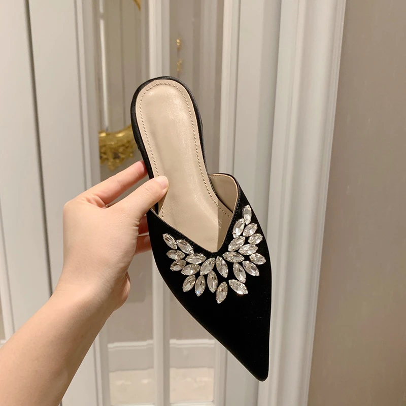 Шлепанцы kmeioo женские на плоской подошве летние блестящие туфли мюли заостренный