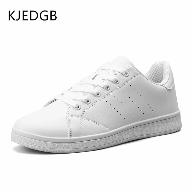 Белый KJEDGB/классические стильные белые мужские повседневные туфли из искусственной кожи на резиновой подошве; кроссовки на плоской подошве; удобная мужская прогулочная обувь со шнуровкой - Цвет: Белый