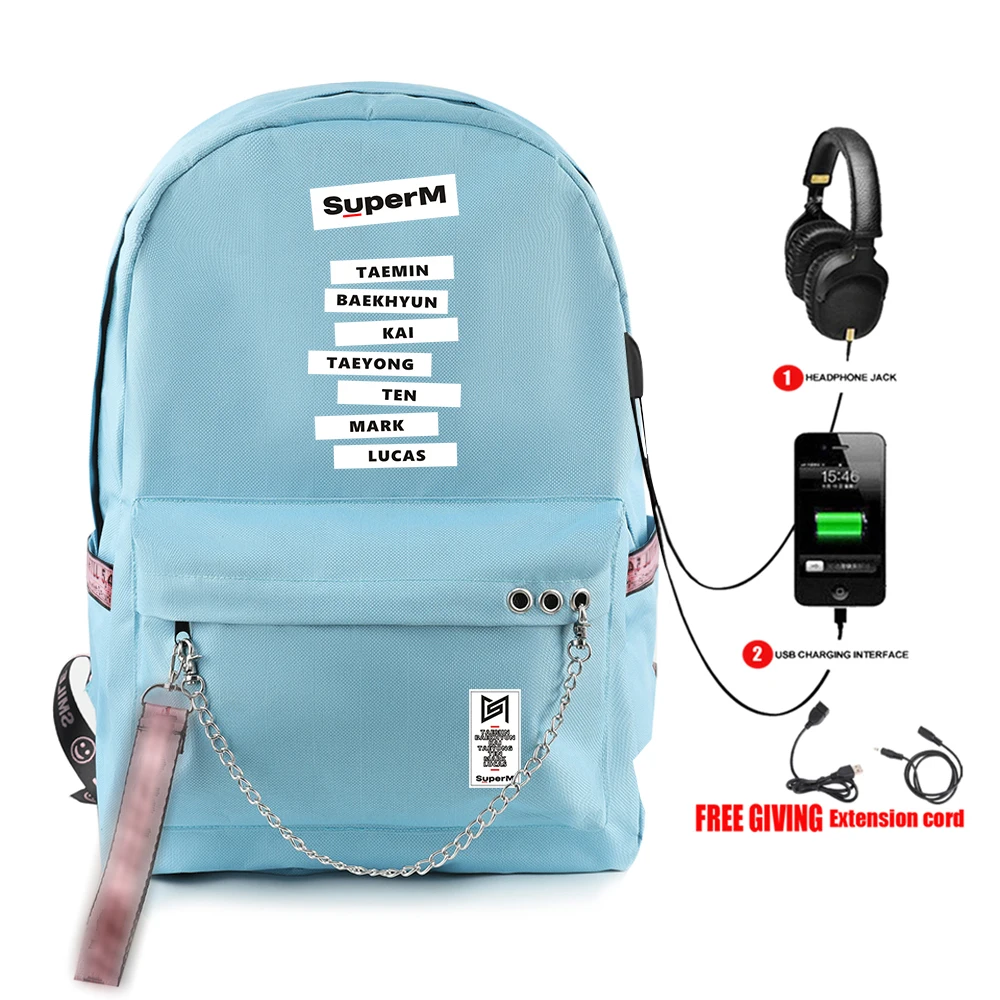 SuperM рюкзак KPOP крутой логотип команды стильный с подвесным орнаментом с USB молнией модный рюкзак для путешествий