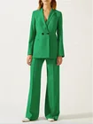 Костюм брючный женский двубортный, Модный жакет с длинным рукавом, пиджак с воротником-стойкой, зеленый