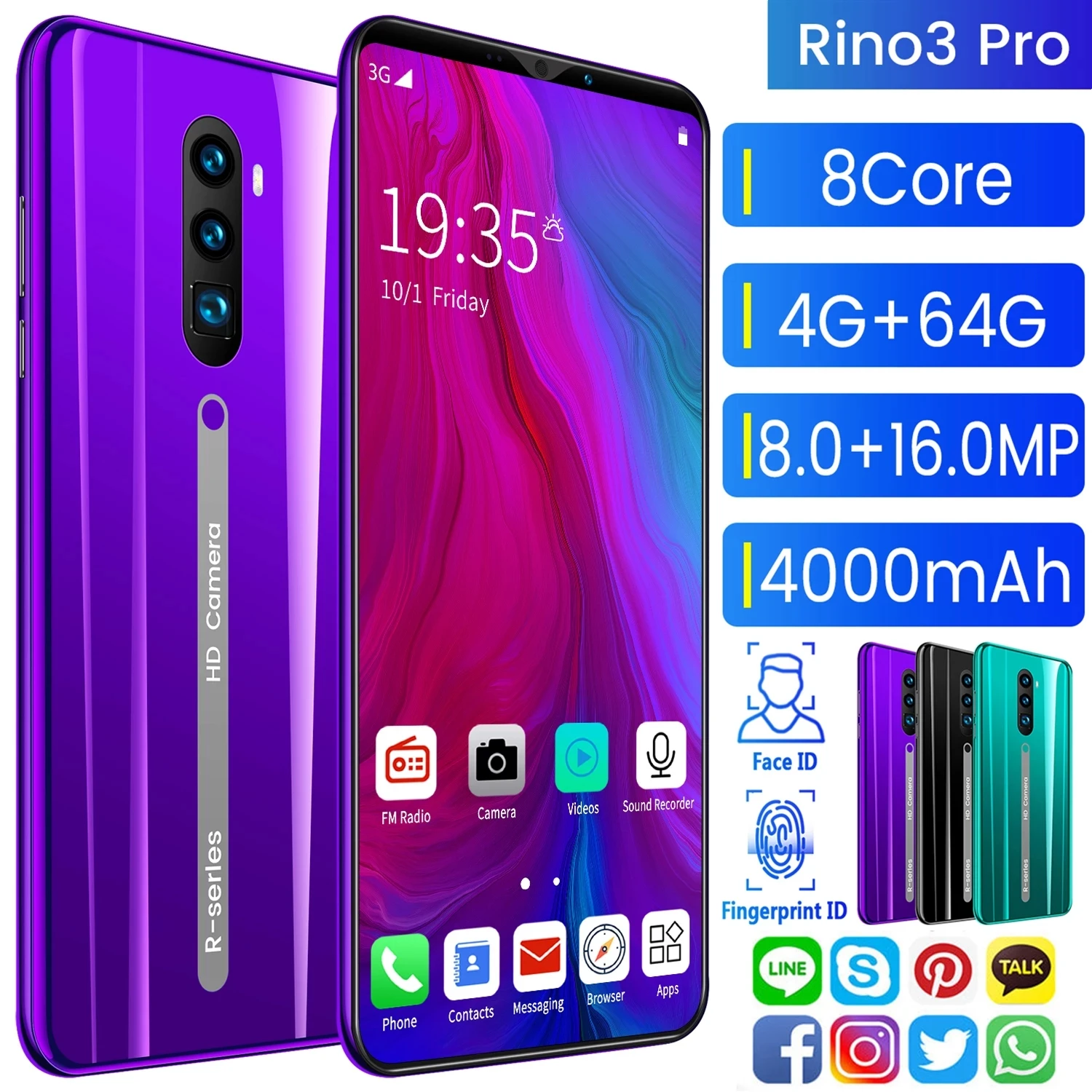 

Global Version Rino3 Pro 8Core HD Full Screen 8+13MP 4000mAh Battery Fingerprint Unlocked 6GB+128GB Android 10 Cellphone