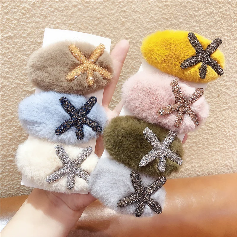 

1 Pcs New Fashion Women Color Imitation mink hair Barrette hairpin Bow Shining Starfish Hair Clips Girls Hair Accessories