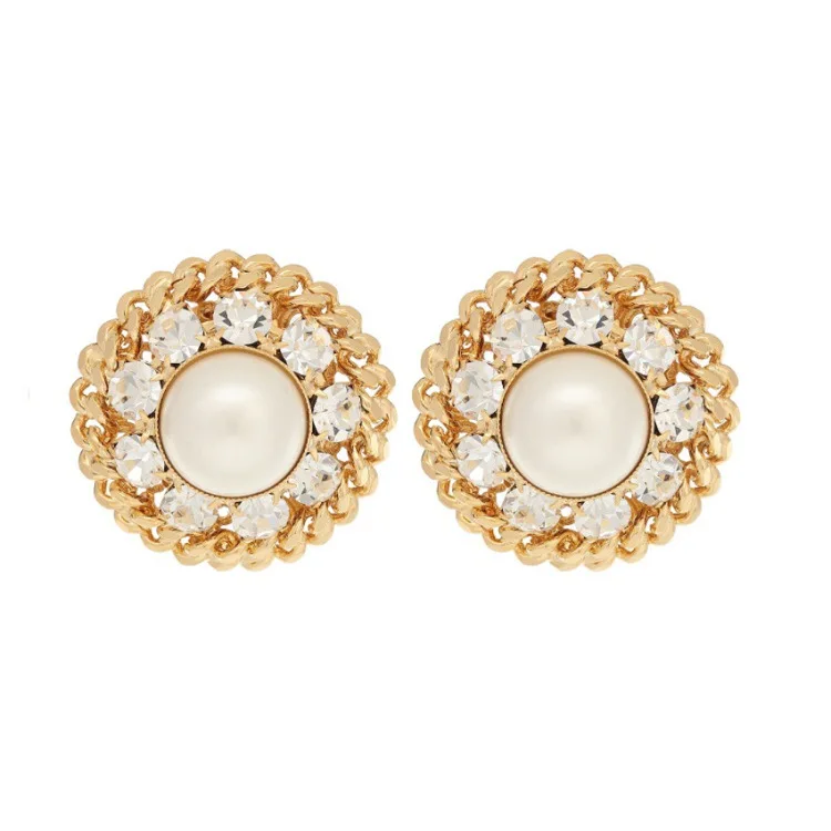 

Europe United States retro round pearl crystal ear clip brass gold-plated ladies know generous earrings