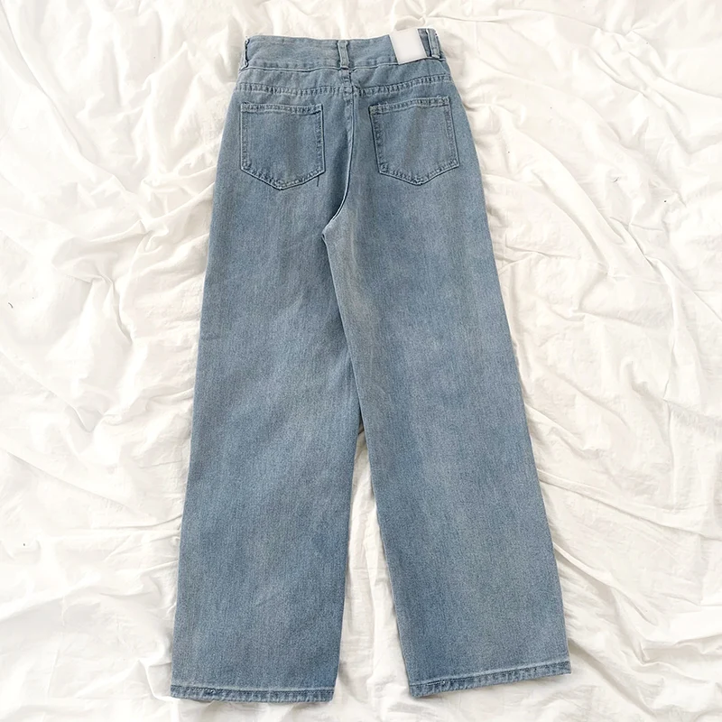 

Stitching buckle belt retro tooling large pockets high waist two buckle loose straight-leg jeans