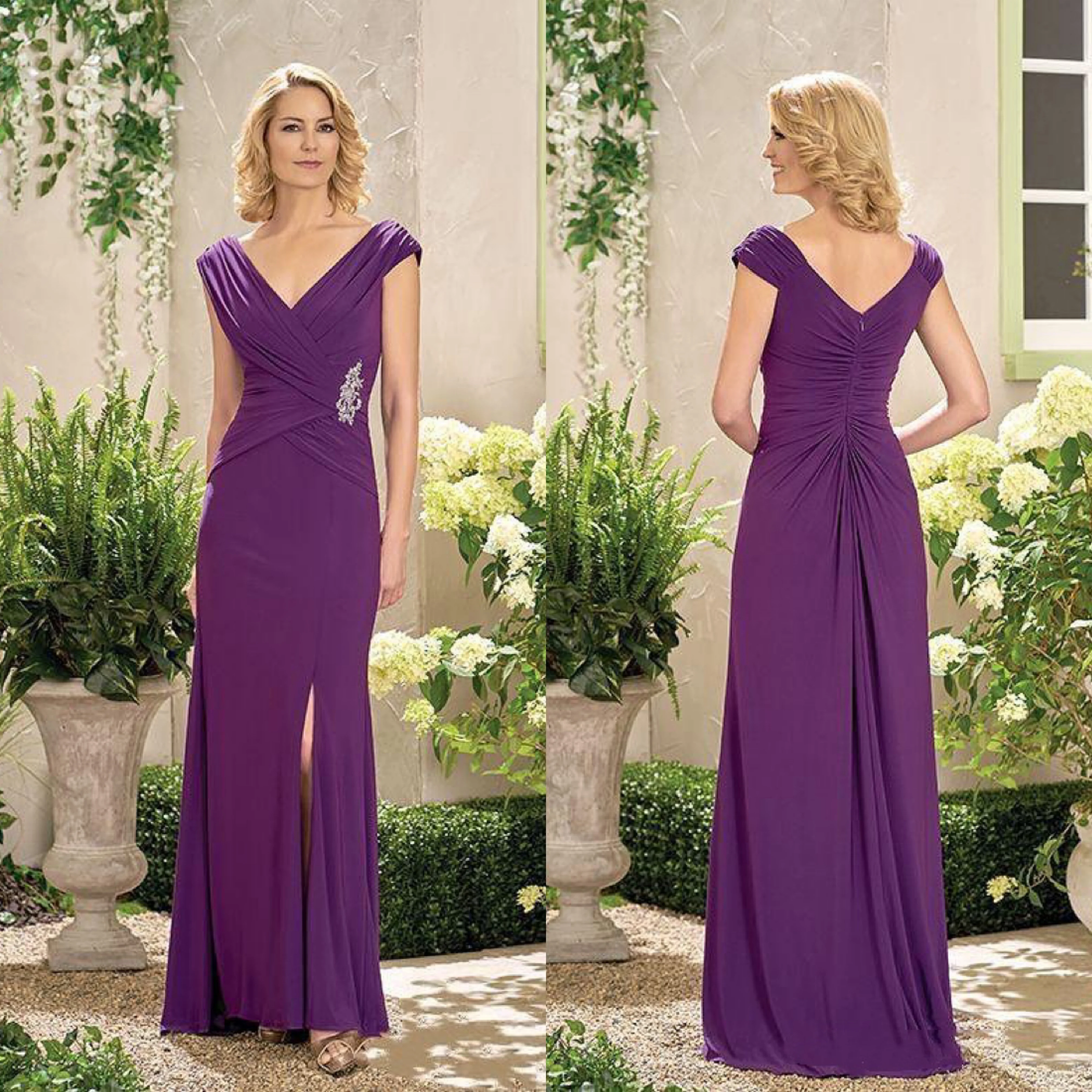 

Chiffon Purple Mother Of The Bride Dresses V-Neck Ruched Pleat Slit Sheath Elegant Mother Of Groom Party Wedding Guest Gowns