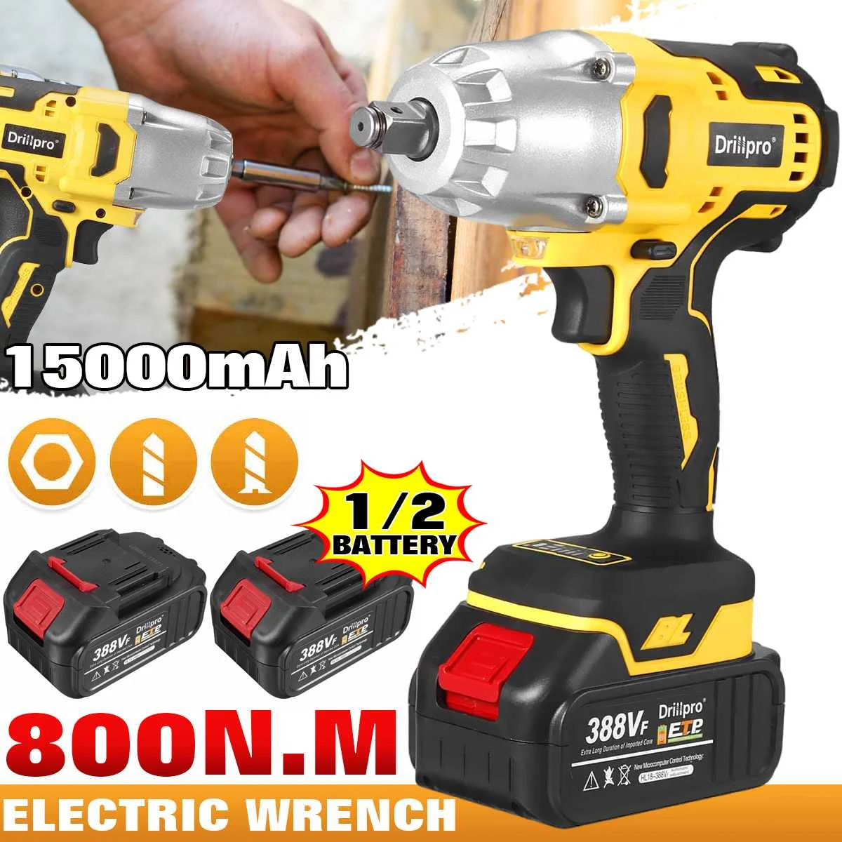 

18V Electric Impact Wrench 800N.m Cordless Brushless Wrench Rechargeable 1/2 inch Li-ion Battery For Car Tires Power Tools