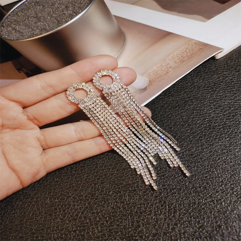 

MFY Luxury Long Tassel Full Rhinestone Drop Earrings For Women Crystal Dangle Earrings Fashion Bridal Jewelry Accessories
