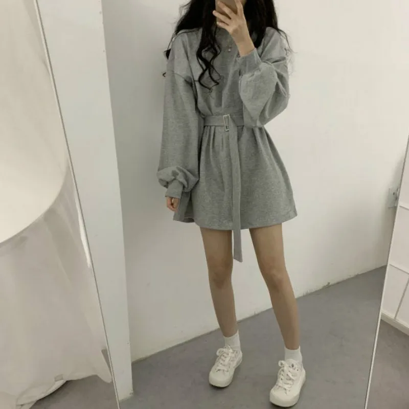 

Women Casual bandage Dress Autumn Solid O-Neck Lantern Sleeve Sashes Mini Sexy Wild Loose Female Fashion Dresses clothes