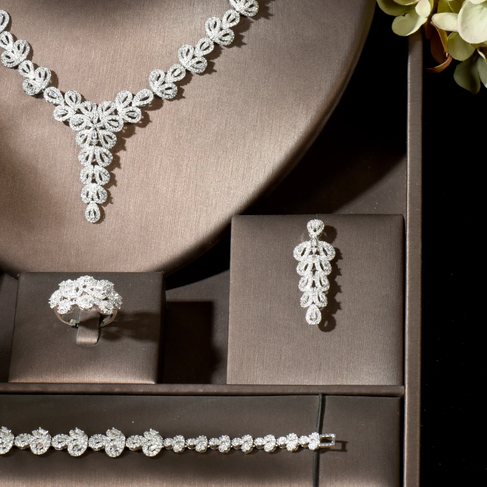 HIBRIDE Shinning Flower Leaf Women Wedding Jewelry Naija Bridal Cubic Zirconia Necklace Earring Set Dubai Dress Party N-1819 | Украшения и