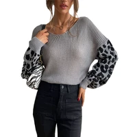 women sweater ffashion v neck knitted top loose lazy leopard print sleeves stitching sweaters casual versatile ladies pullover
