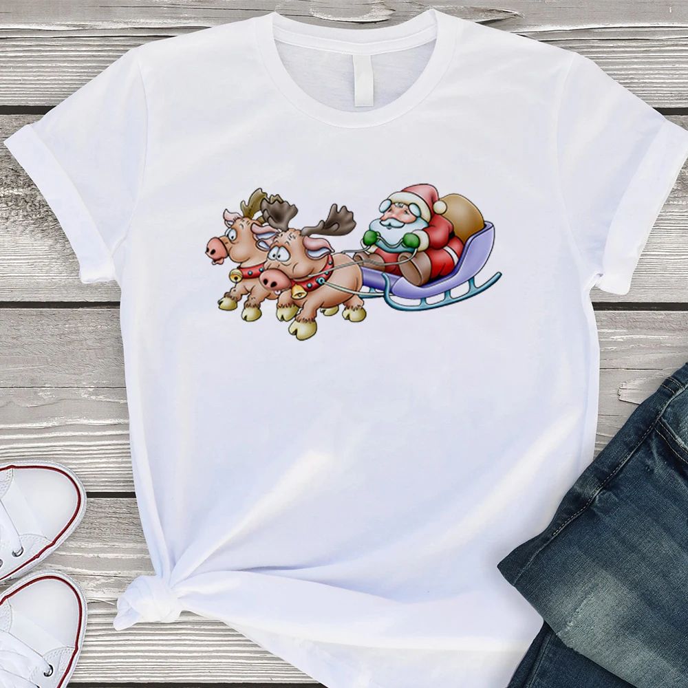 

Ropa Mujer Fashion Streetwear T-shirt Santa Claus Reindeer Print O-neck Tops Loose O-Neck T Shirt Christmas Costume Women Tshirt