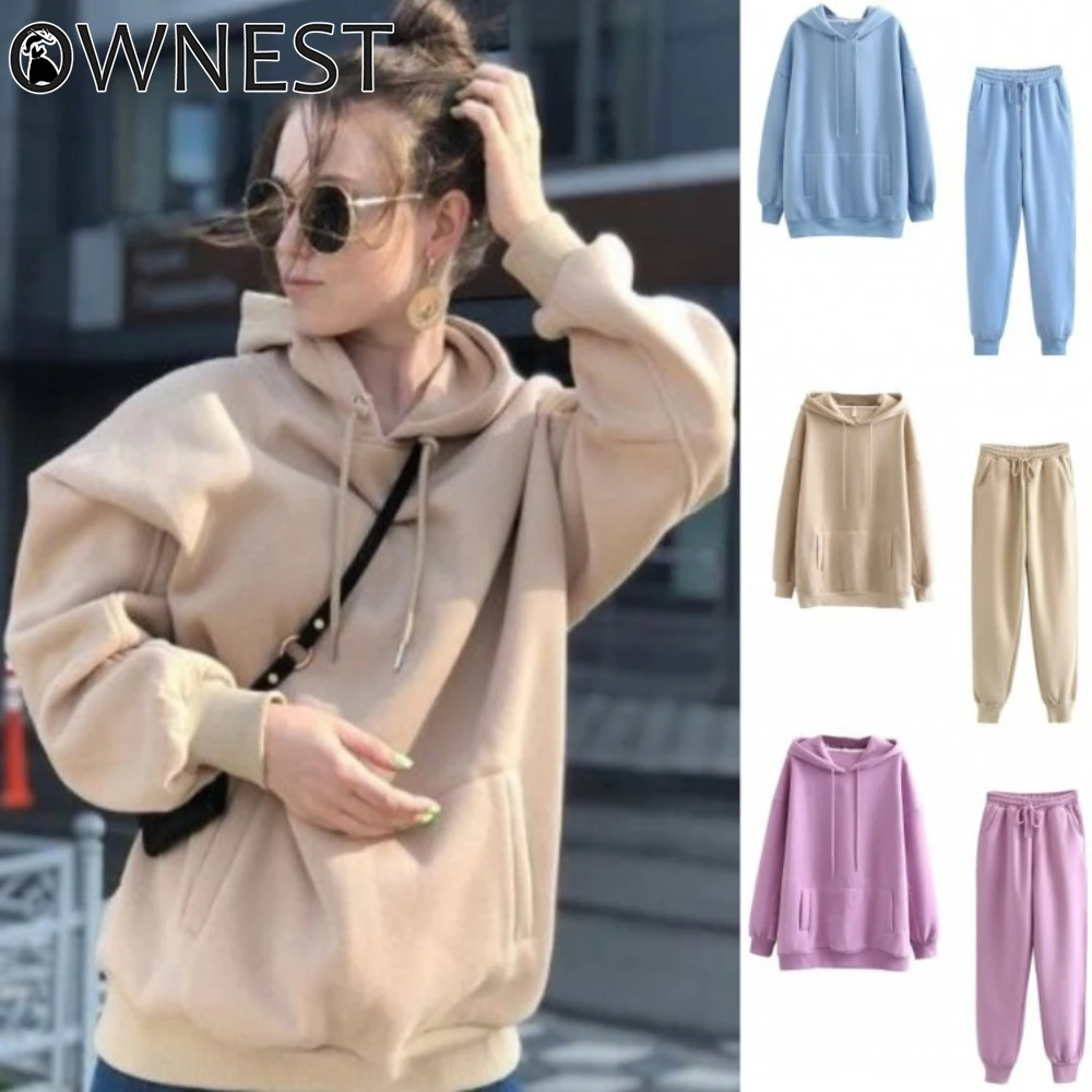 

Ownest 2020 Autumn Winter Women Thick Fleece Suit 2 Pieces Sets Hoodies Sweatshirt And Pants Suit Casual Solid Outfits Tracksuit