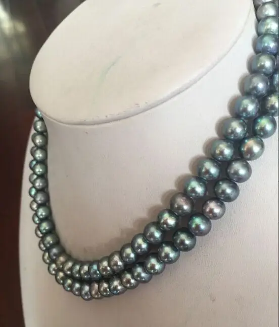 ?? 2 Rows9-10MMラウンドシルバーグレー真珠necklace17