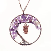 fyjs unique jewelry copper plated wire wrap with wisdom owl pendant natural amethysts stone necklace