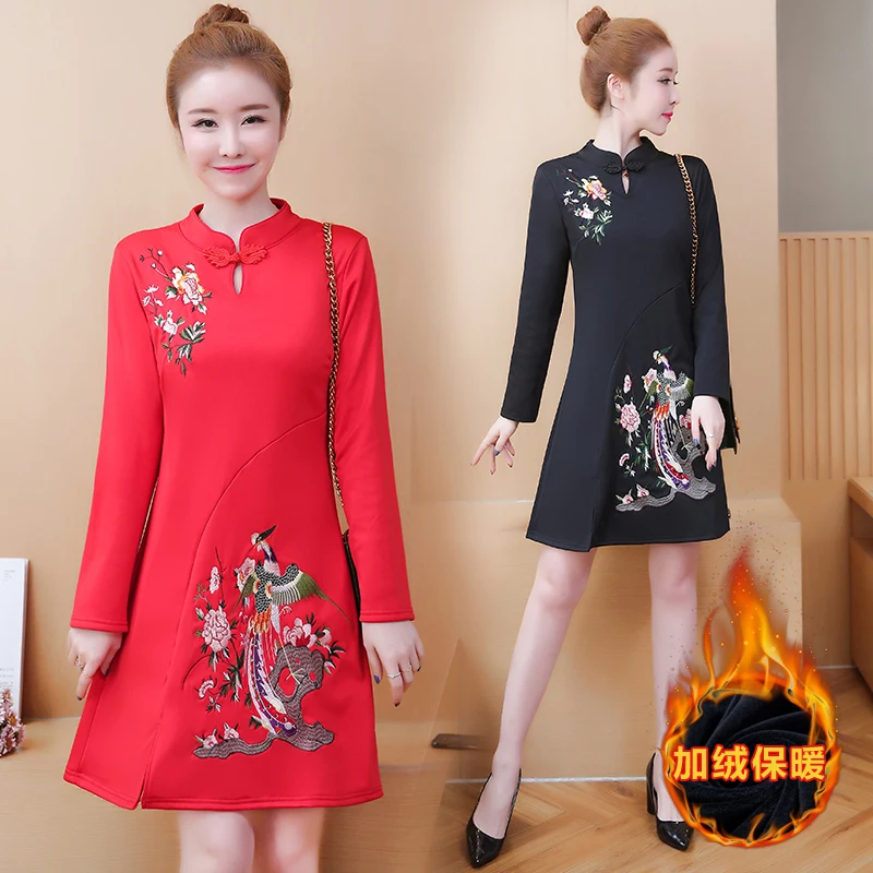 

Large size 2019 Autumn and winter new thickening plus velvet cheongsam dress young girl sweet Chinese style cheongsam8535