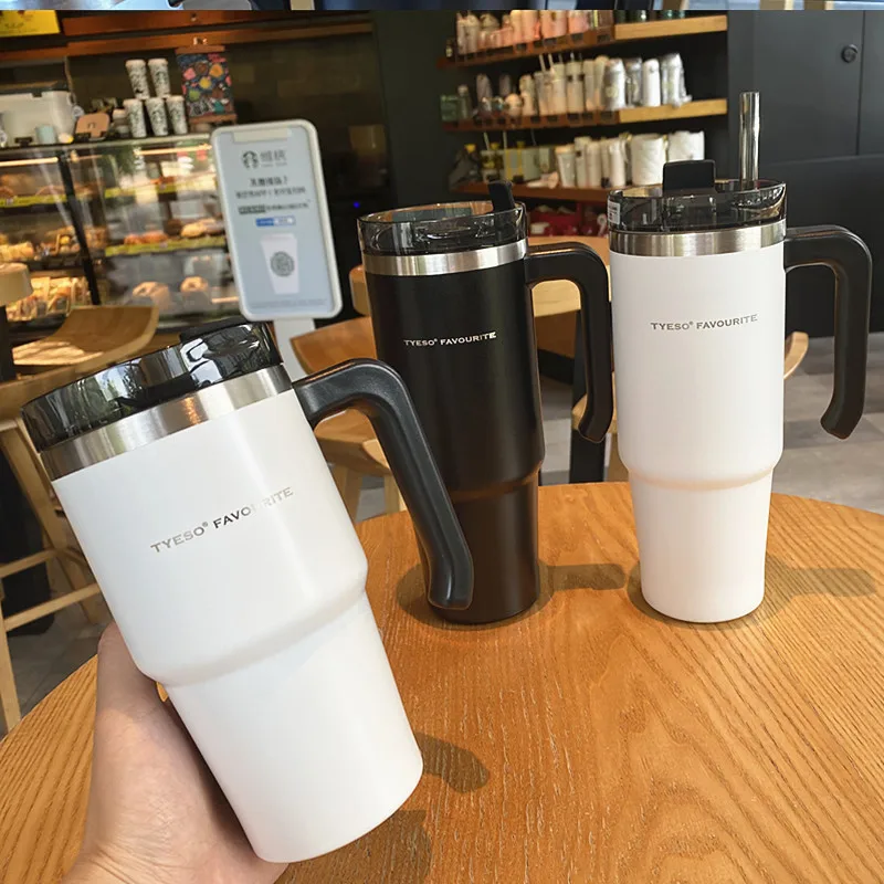 Creative Double Stainless Steel Coffee Mug Fashion Portable With Handle Car Ice Mugs Vacuum Flask Thermos Bottle Straw | Дом и сад