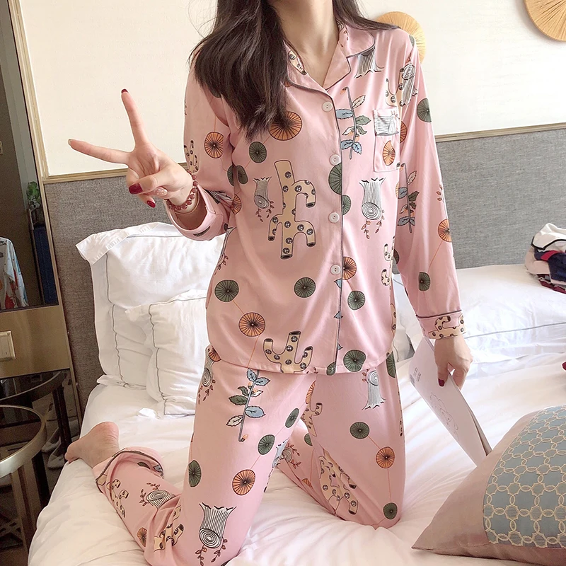 CAIYIER Spring Autumn pajamas Long-sleeved pants Lovely cartoon print Leisure turn-down collar Sleepwear winter women Nightwear