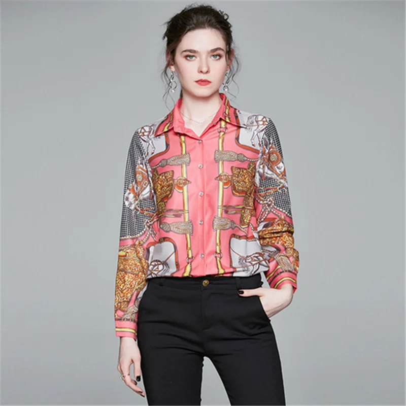 

2020 New Women's Positioning Print Shirt Long Sleeve Lapel BlousShirt Slim Top